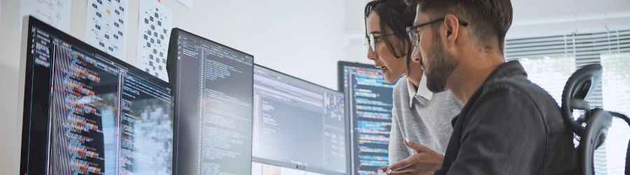Two cybersecurity professionals looking at code on a computer.
